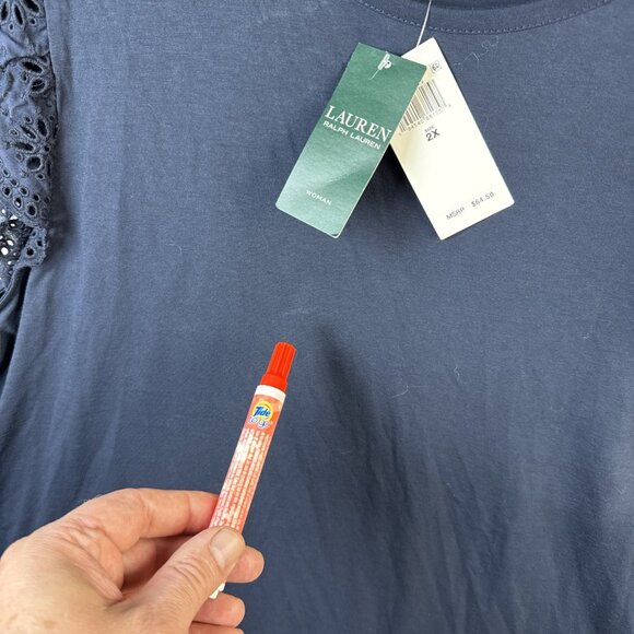 NWT Lauren Ralph Lauren Short Embroidered Sleeve Top Womens 2x Plus Size Navy B - Picture 4 of 12